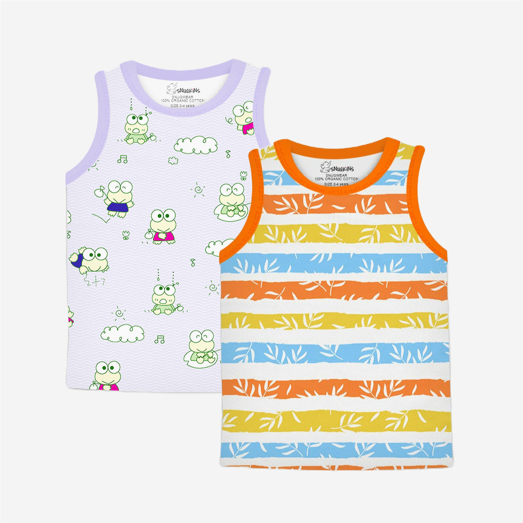 Snugkins 100% Organic Cotton Sleeveless T-Shirts Top Set for Kids, Toddlers, Boys and Girls - Set of 2