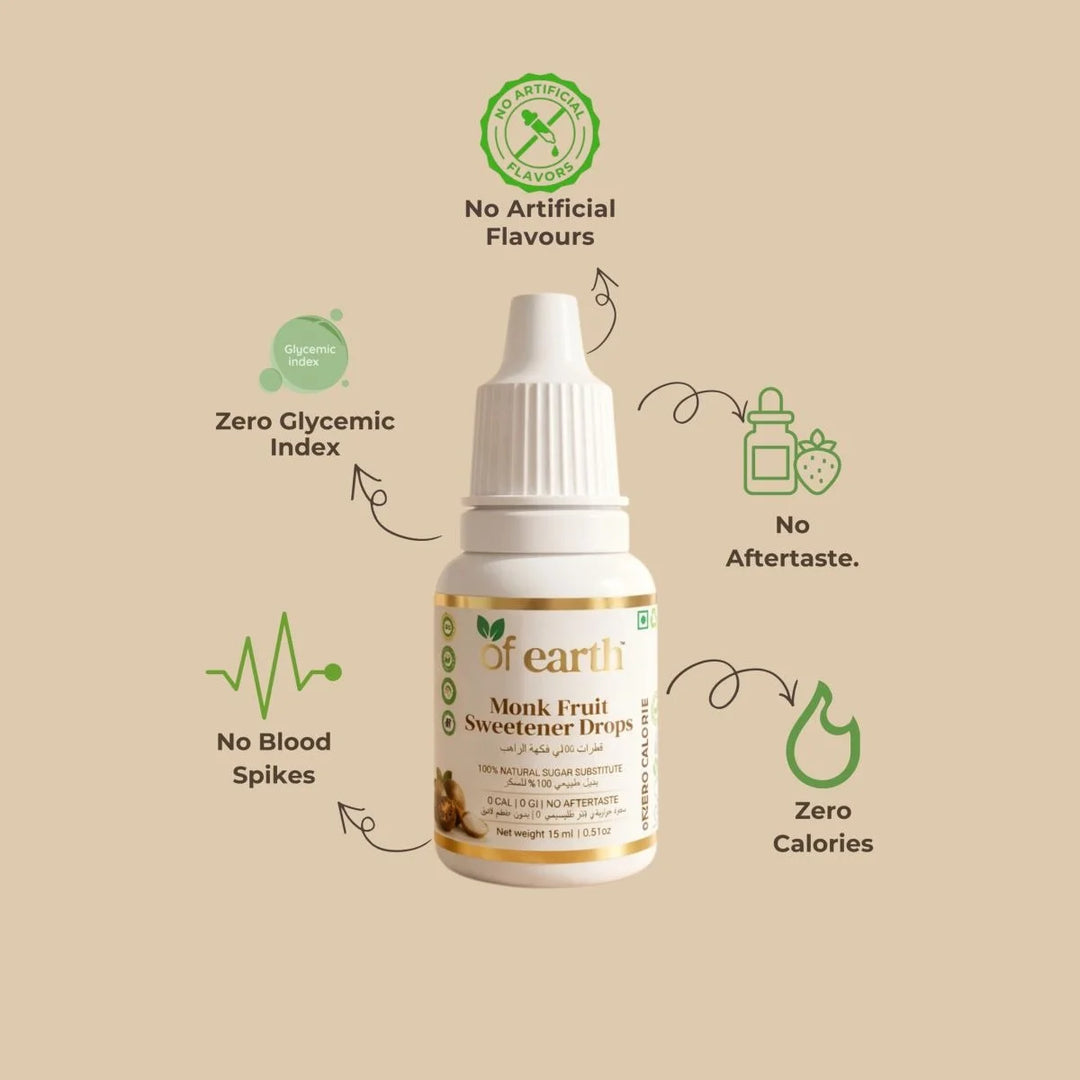 Of Earth Monk Fruit Sweetener | Pure Extract- No Erythritol, No Allulose | Zero- Glycemic Index Sugar Substitute | 1:1 Sugar Replacer for Tea, Coffee, Drinks | Plant-Based | Keto, Vegan & Diabetic Friendly | 1 drop = 1 spoon sugar | 15 ml