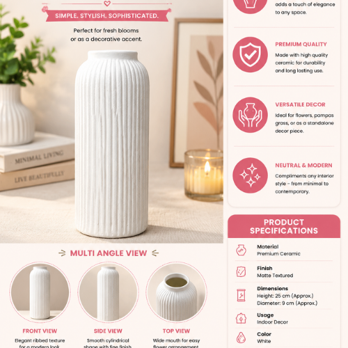 Grande Elegance – Large White Ribbed Ceramic Vase