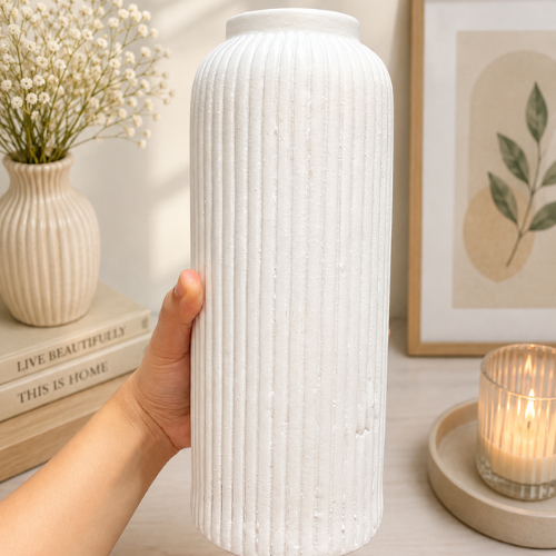 Grande Elegance – Large White Ribbed Ceramic Vase