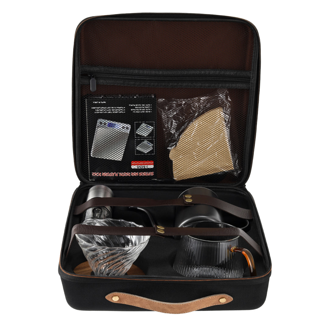 Pour Over Coffee Set with Travel Bag | Gooseneck Pour Over Kettle| Glass Dripper with Carafe| V02 Filter 100 Pcs | Manual Coffee Grinder | Weighing scale |Coffee Scoop with Cleaning Brush