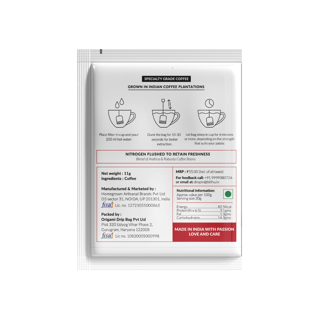 Bili Hu Coffees Hot coffee dip bags - bold, balanced & delicious coffee in 5 minutes | 11 grams Each | Pack of 9