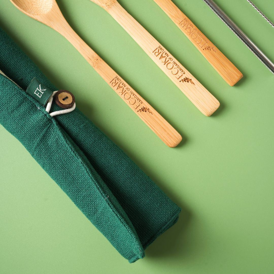 Ecokari Bamboo Cutlery Set with Organic Cotton Pouch