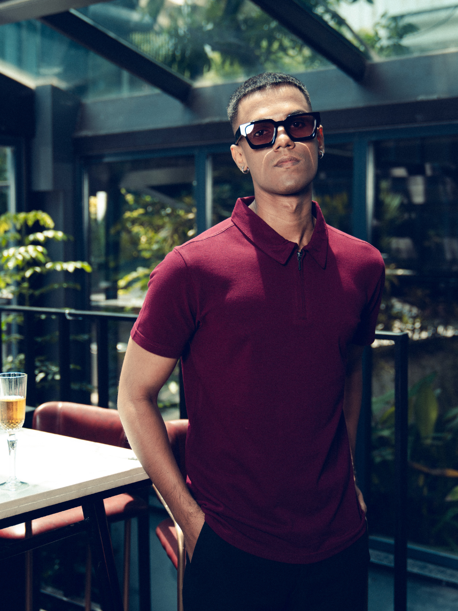 Monkstory Bamboo Cotton Zip-Polo Tee - Mauve Wine