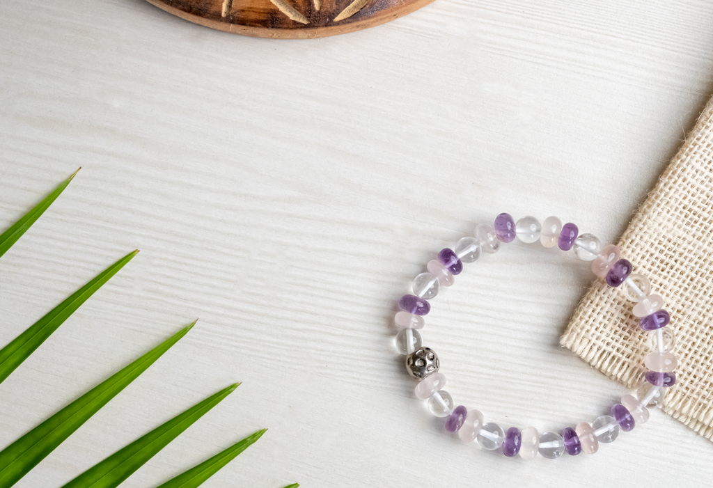 Bamboology Trends Amethyst, rose quartz and clear quartz bracelet for strength, love and fulfilling relationship
