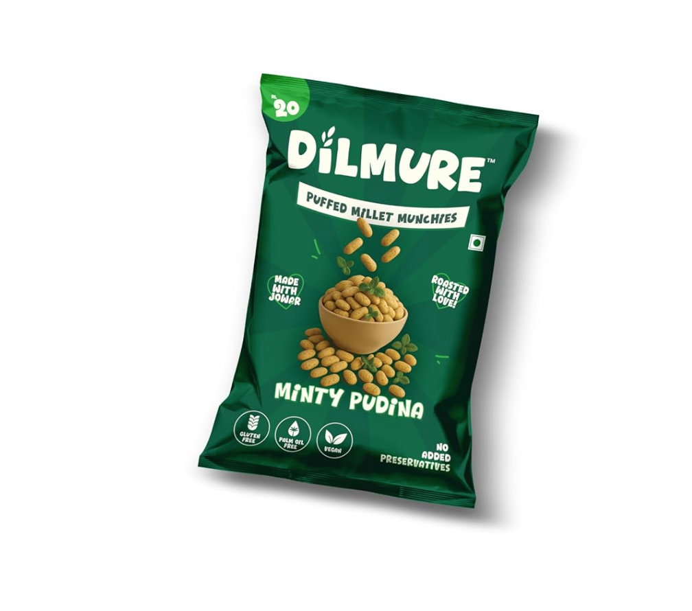 Dilmure Jowar Puffs – Minty Pudina Millet Munchies 25G | Roasted Not Fried Snacks For Kids & Adults | No Preservatives, No MSG, No Maltodextrin | Palm Oil Free | Zero Cholestrol, Zero Transfat | Healthy Indian Snack (Pack of 15)