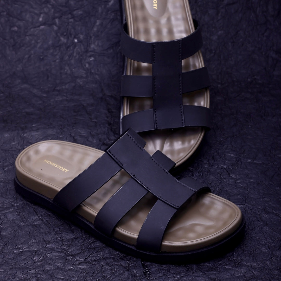 Monkstory Atelier 1920 Triple Strap Slide Sandals – Midnight Black