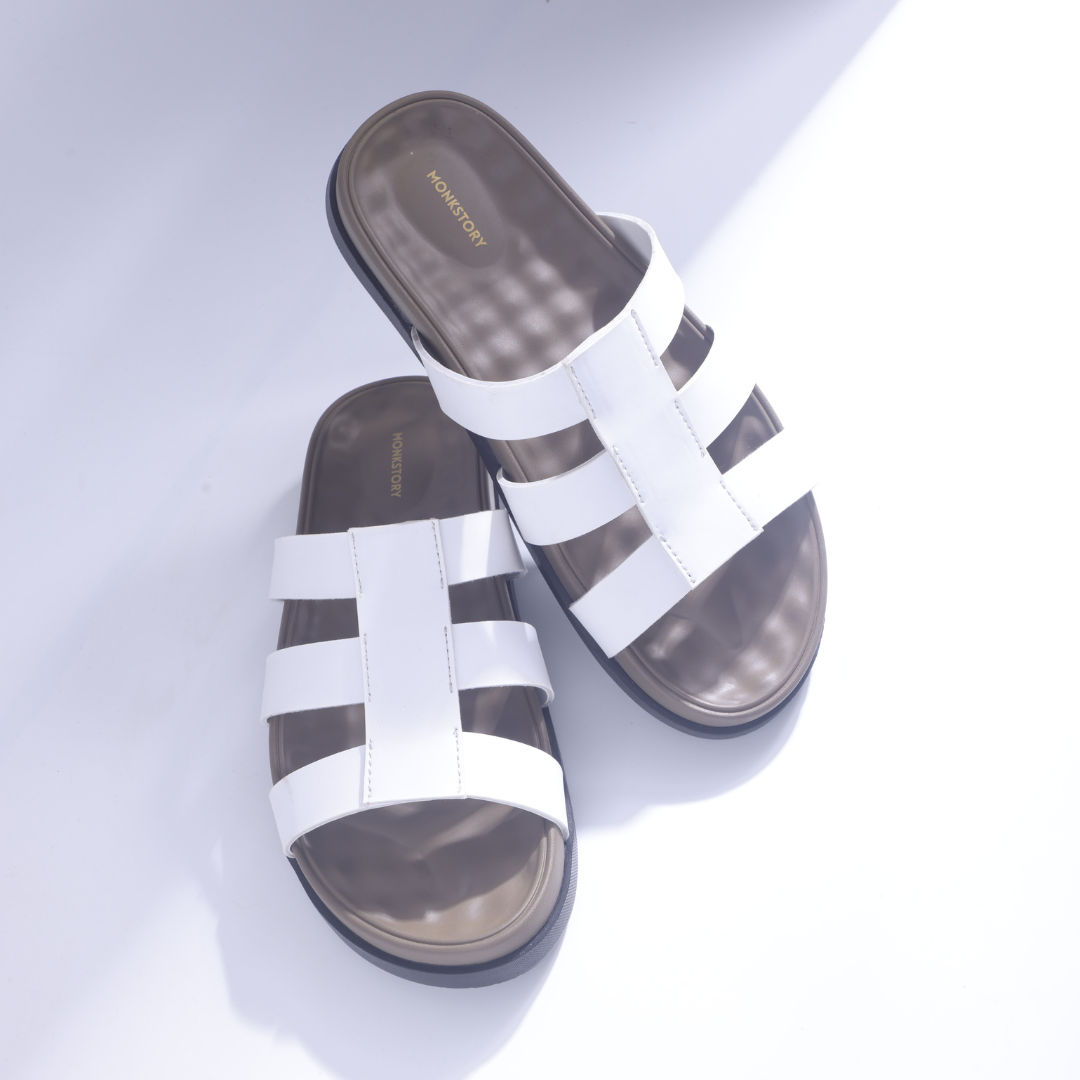 Monkstory Atelier 1920 Triple Strap Slide Sandals – Pearl White