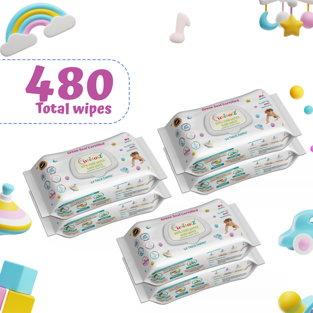 CutetotZ® Baby Wipes - Plant based, 100% Biodegradable, Green Seal® Certified, 99% Water Wipes