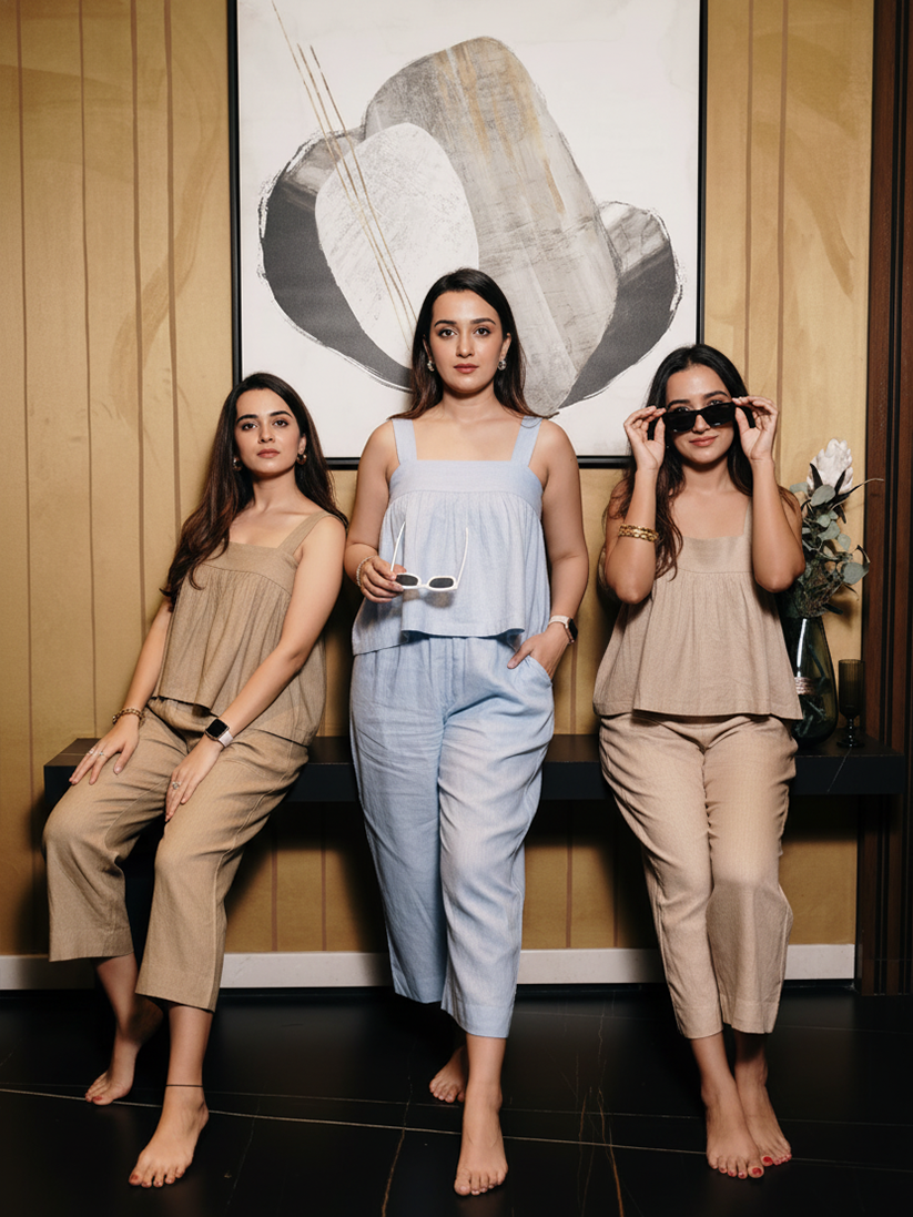 SHORT FLARED LINEN TOP WITH LINEN CULOTTES PANT SET