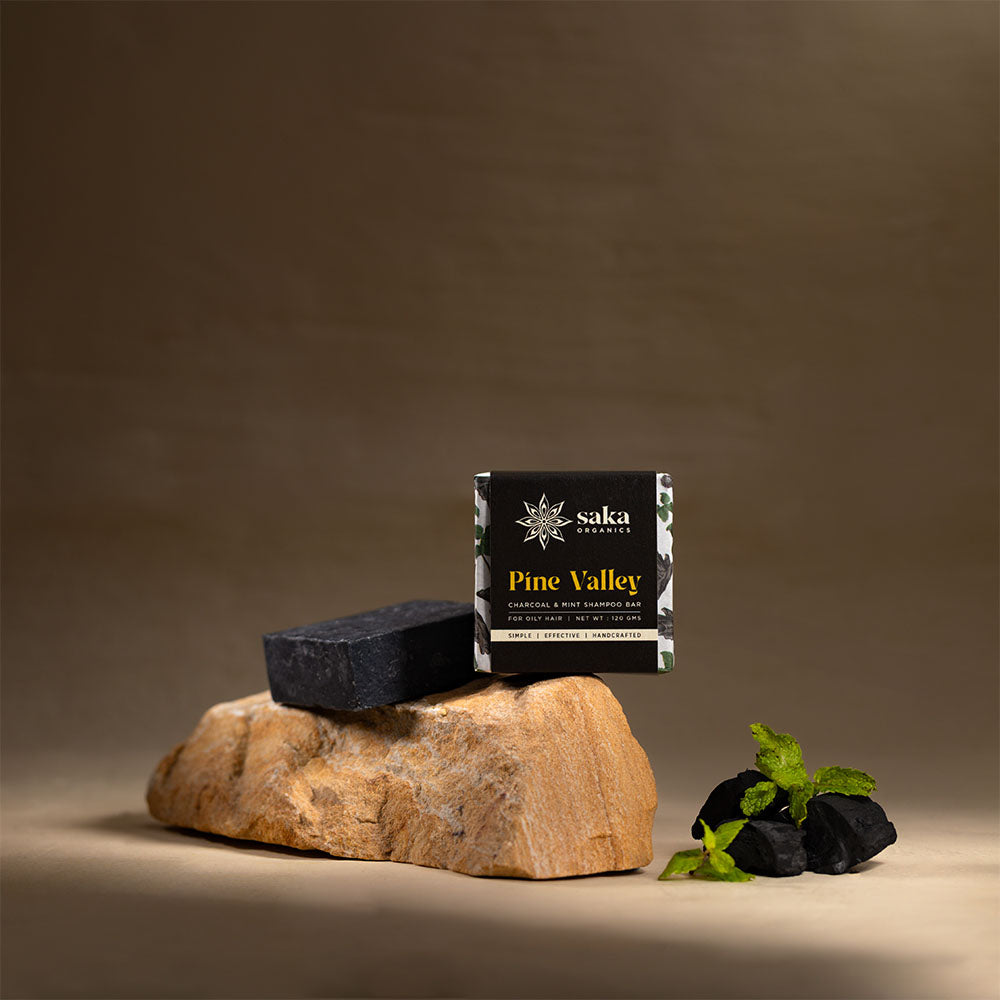 Saka Organics - Pine Valley | Handmade Charcoal and Mint Shampoo Bar | Natural Hair Care for Oily Hair - 120gm
