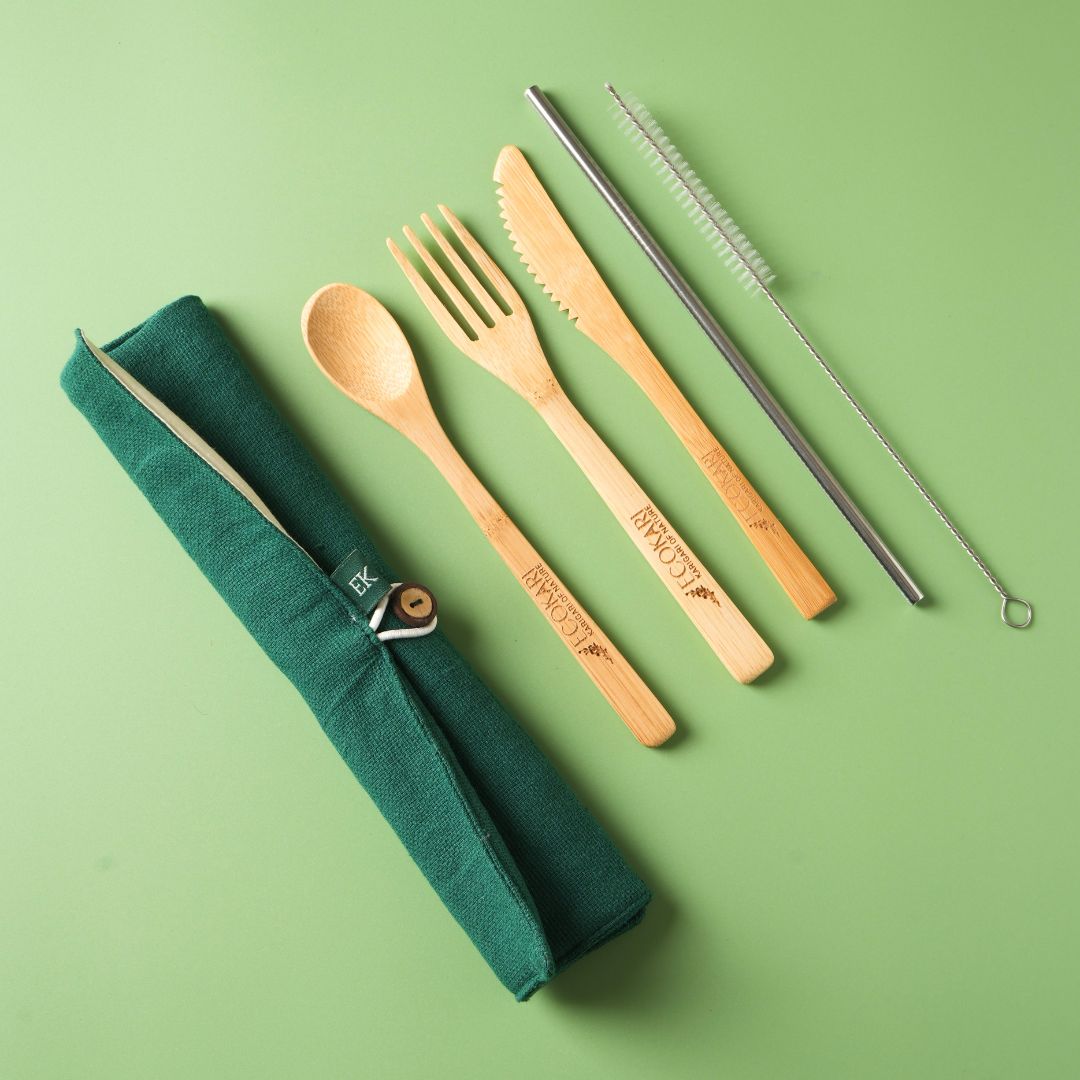 Ecokari Bamboo Cutlery Set with Organic Cotton Pouch