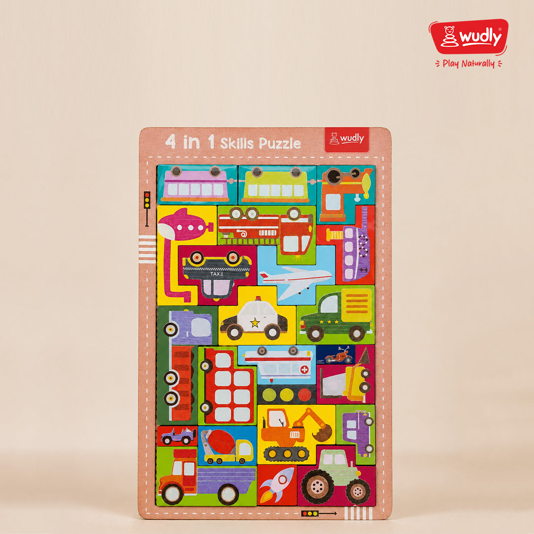 Wudly Toys Wooden 4 in 1 Traffic & Town Puzzle Board | Shape Matching