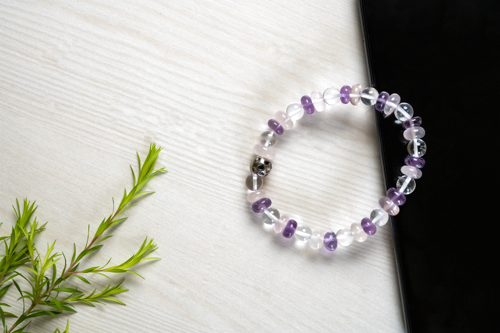 Bamboology Trends Amethyst, rose quartz and clear quartz bracelet for strength, love and fulfilling relationship