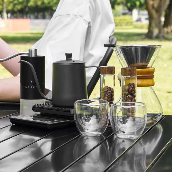9-Piece Pour-Over Coffee Set I Gooseneck Kettlel I Manual Grinder l Chemex-Style Carafe I Stainless steel filter Dripper, Glass Cups, Bean Holders & Premium Digital Scale