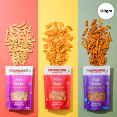 PROMUNCH Combo Pack - Soya Sticks (Chatpata Masala , Cream Onion) + Soya Chips (Peri Peri) - 120g Each