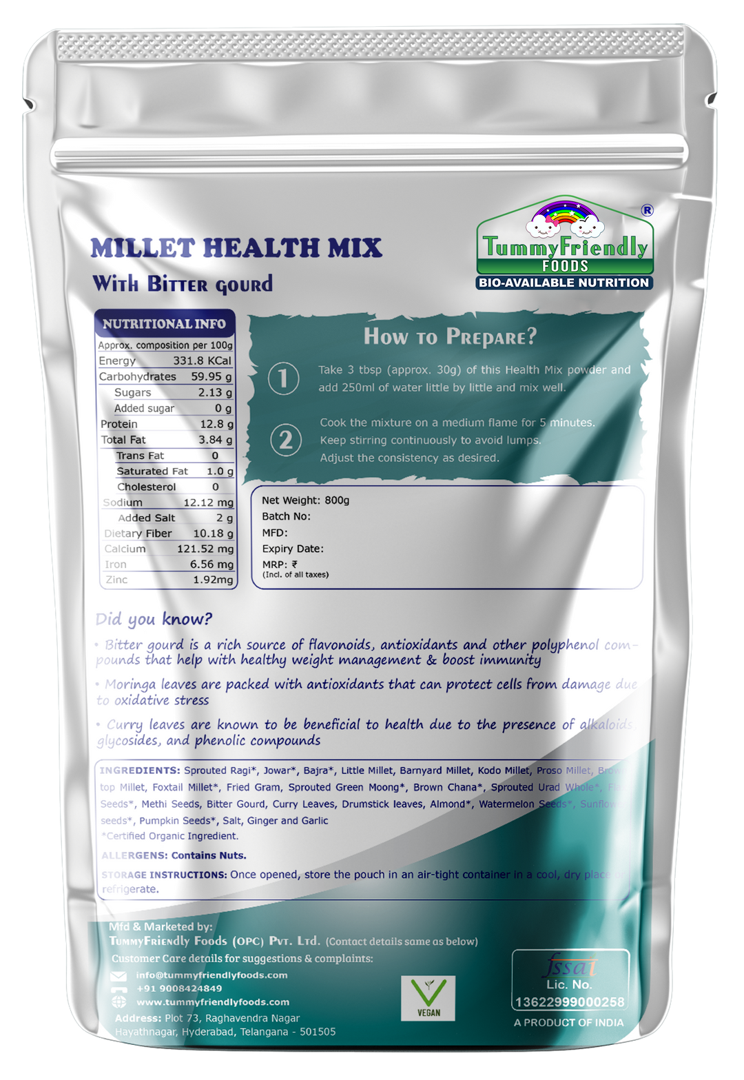 TummyFriendly Foods Organic Millet Health Mix with Bitter Gourd | For Kids and Adults | 800g