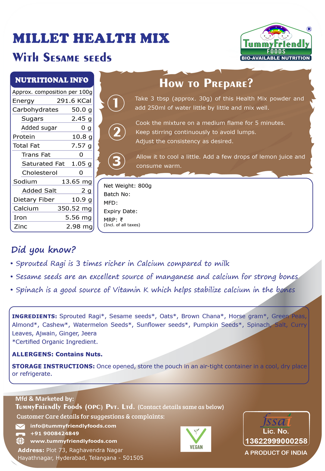 TummyFriendly Foods Organic Millet Health Mix with Sesame Seeds| For Kids and Adults | 800g