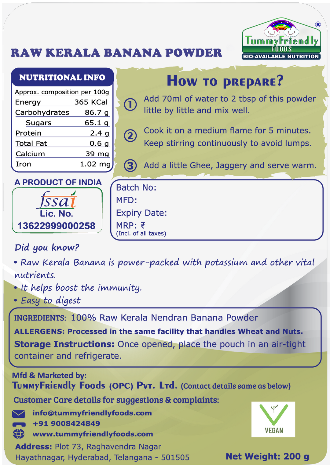 TummyFriendly Foods Organic Raw Kerala Banana Powder | 8 months and up | No Chemicals | 200g each (Pack of 2)