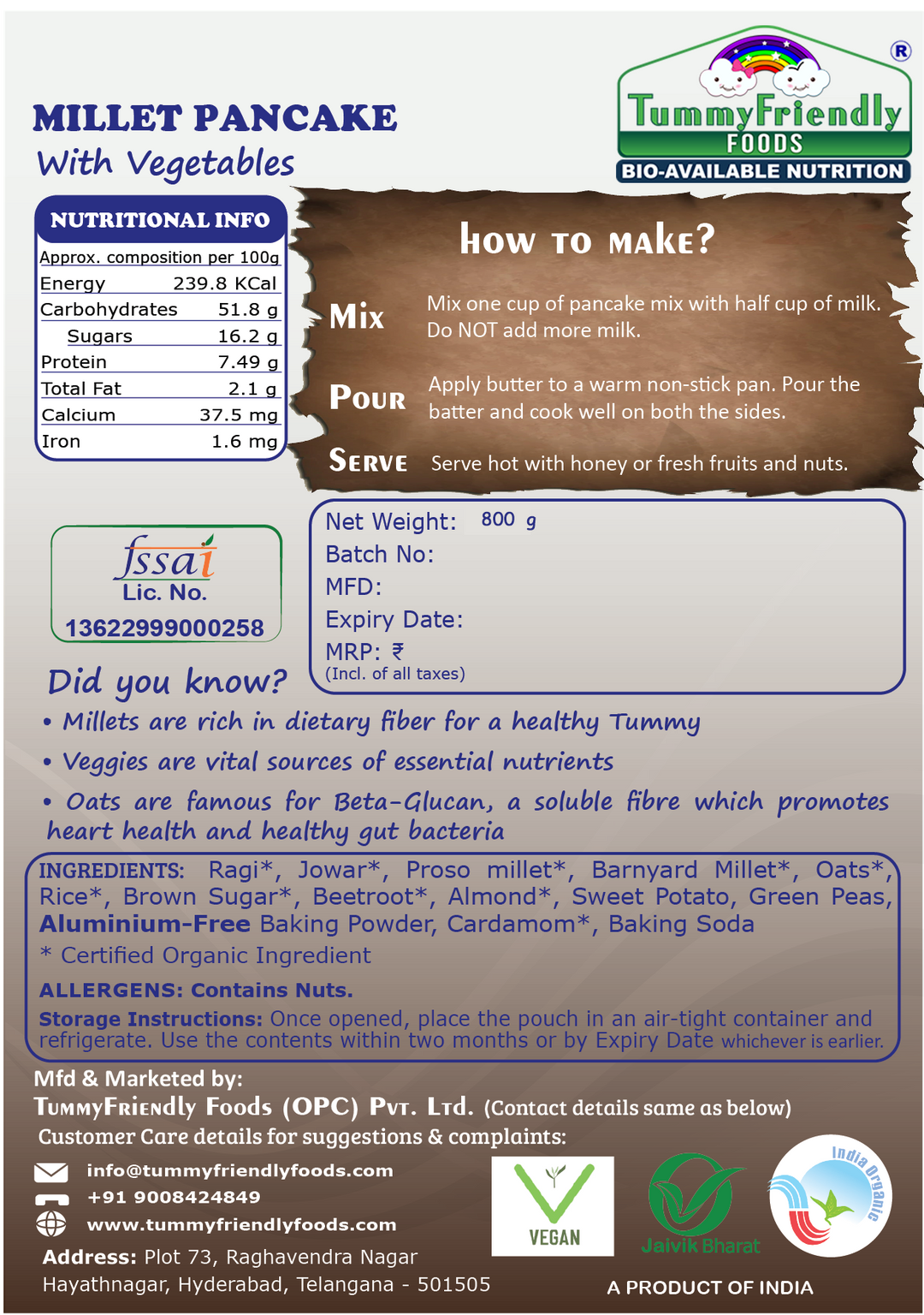 TummyFriendly Foods Organic Millet Pancake Mix with Vegetables | Aluminium-Free | 800g