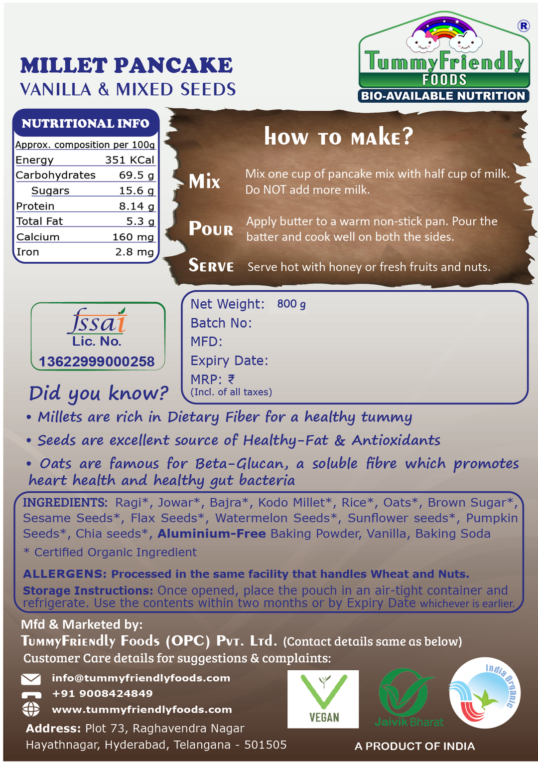 TummyFriendly Foods Organic Millet Pancake Mix | Vanilla and Mixed Seeds | Multi Millet | For Kids and Adults | 800g