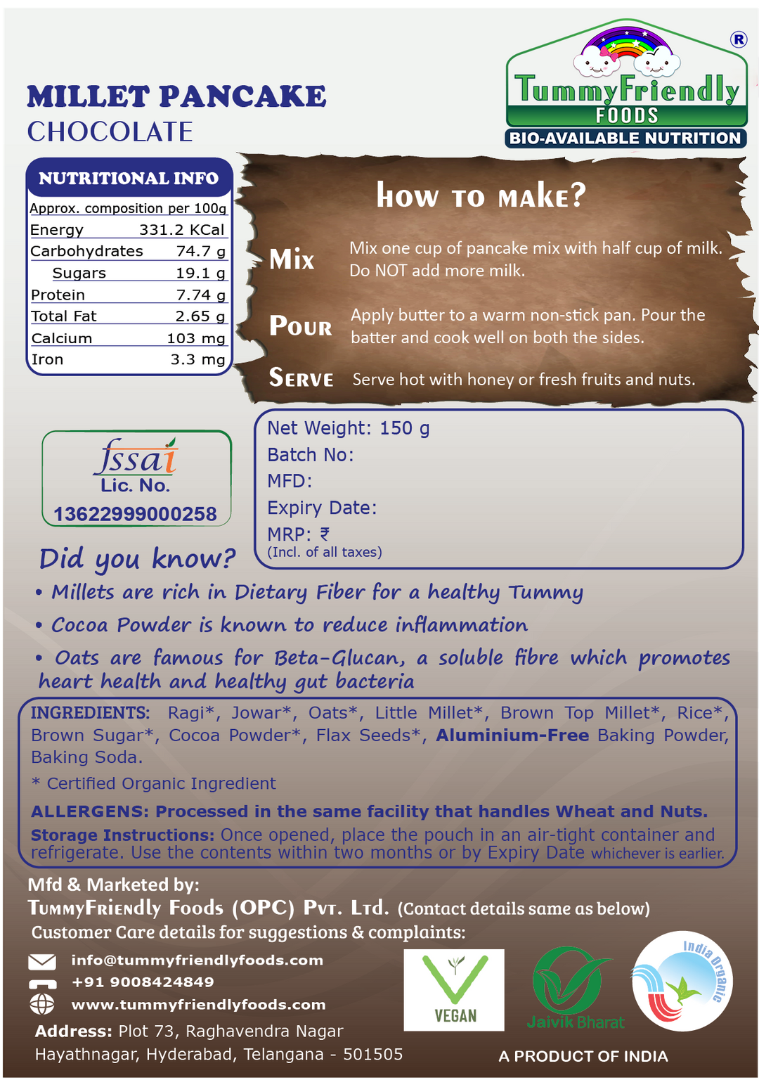 TummyFriendly Foods Organic Millet Pancake Mixes | Aluminium-Free | For Kids and Adults |150g each (Pack of 4)