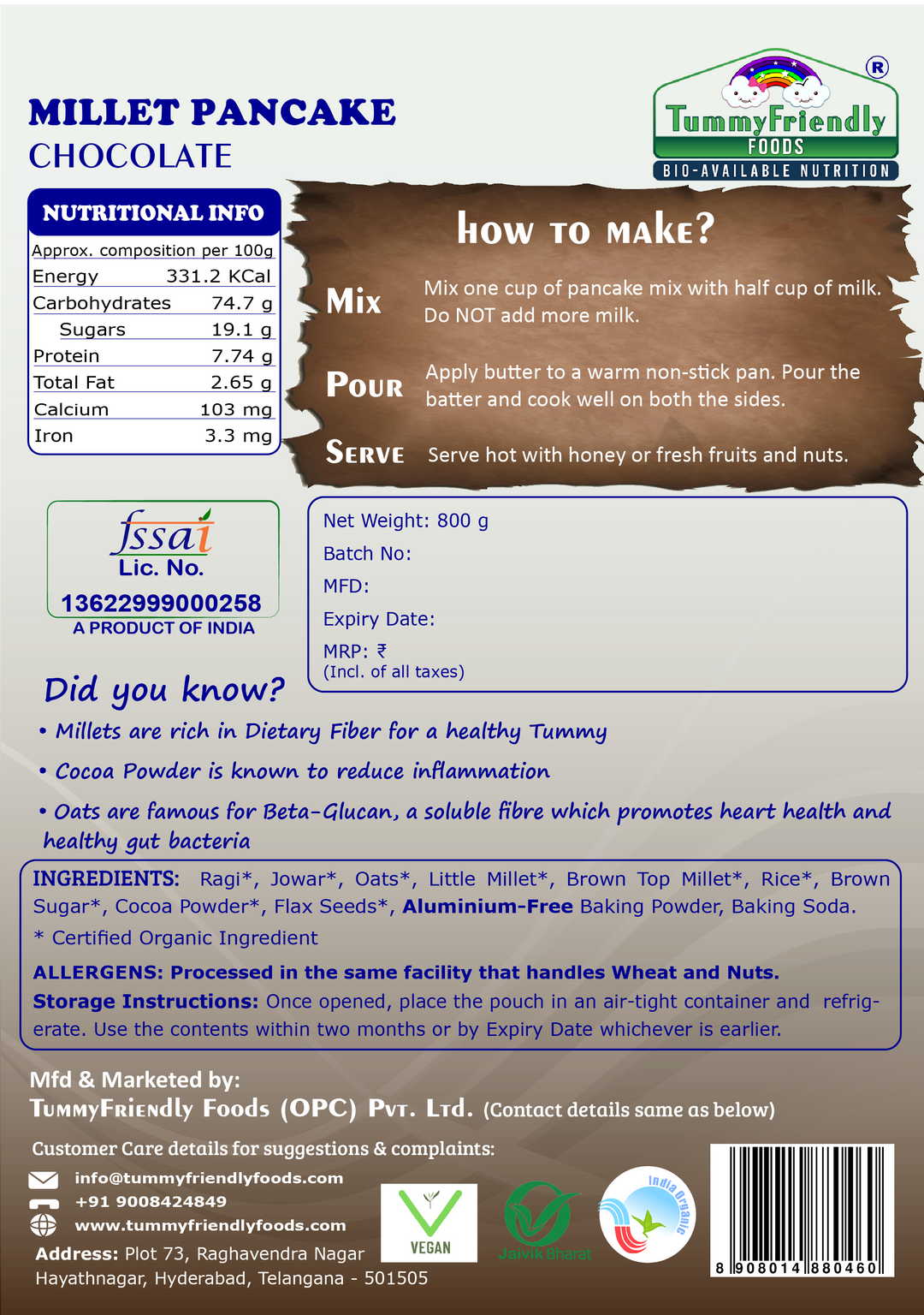 TummyFriendly Foods Organic Millet Pancake Mix | Chocolate | Multi Millet | For Kids and Adults | 800g