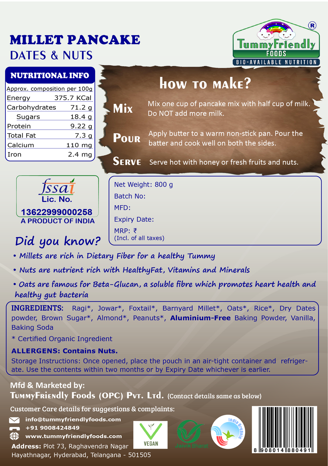 TummyFriendly Foods Organic Millet Pancake Mix | Dates and Nuts | Multi Millet | For Kids and Adults | 800g