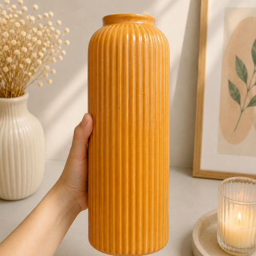 Soleil Moutarde – Tall Mustard Ribbed Ceramic Vase