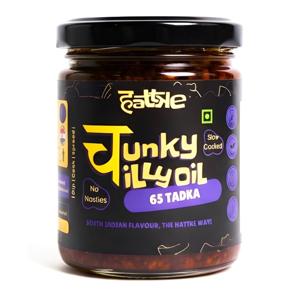 HATTKE Chunky Chilli Oil, 65 Tadka Flavour, South Indian Style Cooking & Drizzling Oil with Curry Leaves and Garlic, All Natural, No Preservatives, Natural & Fresh Ingredients - 175g