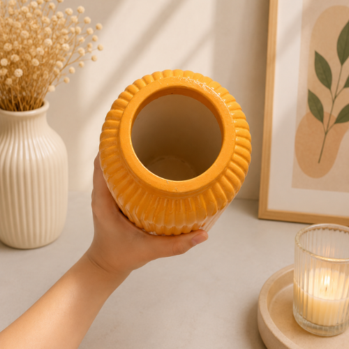 Soleil Moutarde – Tall Mustard Ribbed Ceramic Vase