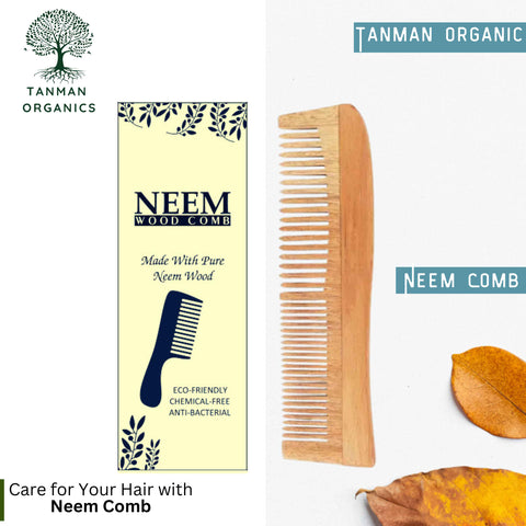 Tanman Organics Pure Kacchi Neem Wood Comb Regular Double Teeth Curve