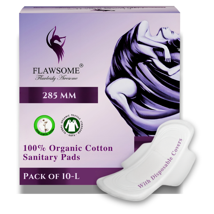 Chemical Free Safe Sanitary Pads (L, Pack of 10) Organic Cotton – Rash Free, Gynecologist Certified, Ultra Soft