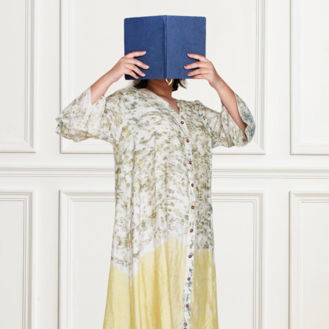 Bageeya “Mogra Sundri ” Natural Dyed Handcrafted Khadi Tussar Cotton Button Down dress | Crafted with Sacred temple Roses and Haldi