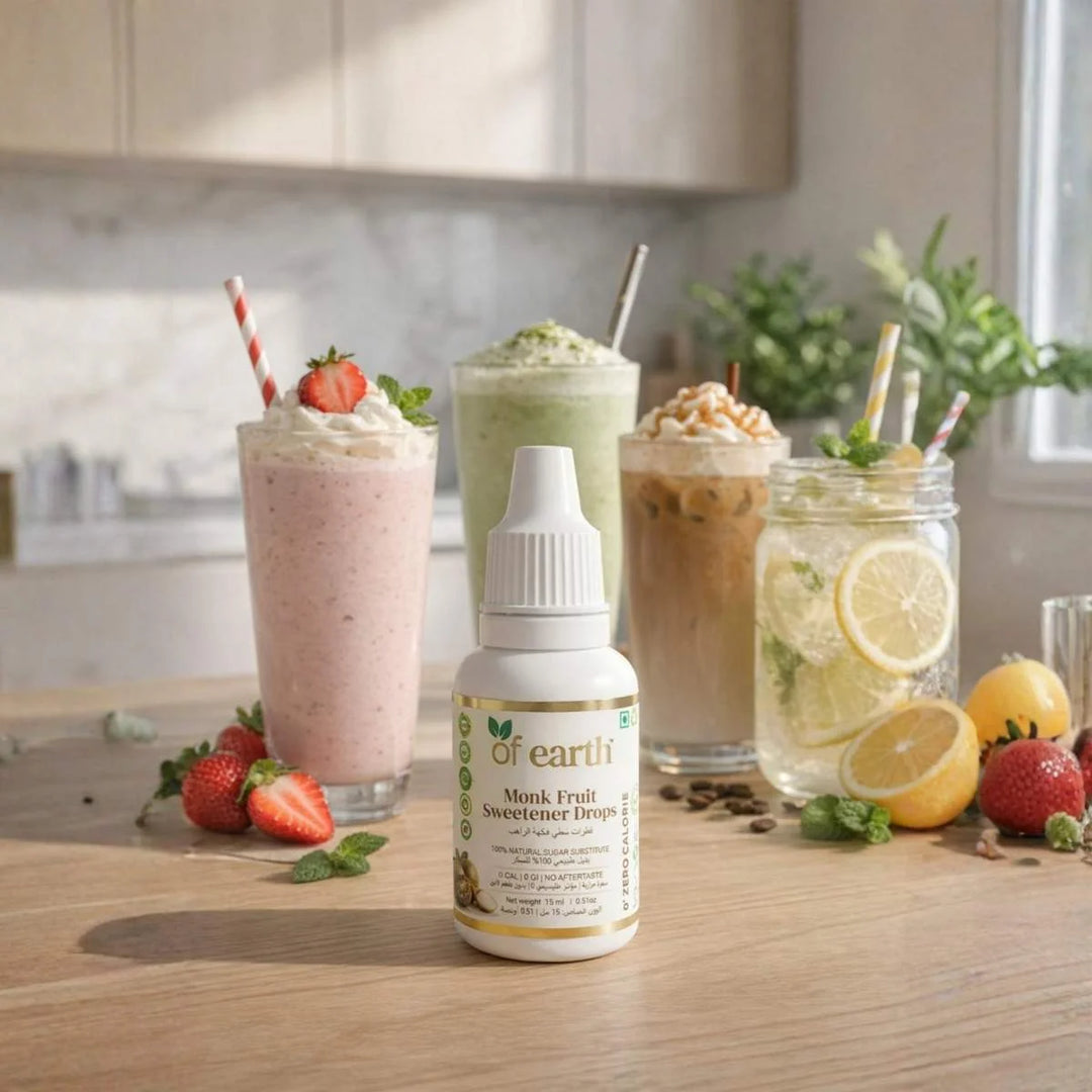 Of Earth Monk Fruit Sweetener | Pure Extract- No Erythritol, No Allulose | Zero- Glycemic Index Sugar Substitute | 1:1 Sugar Replacer for Tea, Coffee, Drinks | Plant-Based | Keto, Vegan & Diabetic Friendly | 1 drop = 1 spoon sugar | 15 ml