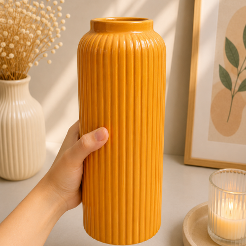 Soleil Moutarde – Tall Mustard Ribbed Ceramic Vase