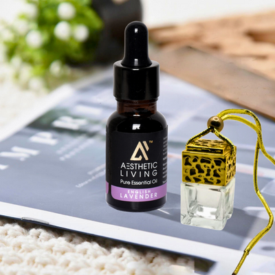 Aesthetic living car aromatizer/ diffuser bottle with essential oil (Square Gold/Silver shape-10ml+ essential oil 15ml)