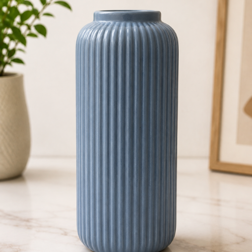 Bleu Cotele – Tall Blue Ribbed Ceramic Vase