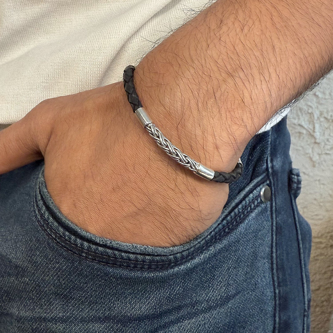 Twisted Rope Sterling Silver and Black leather Bracelet