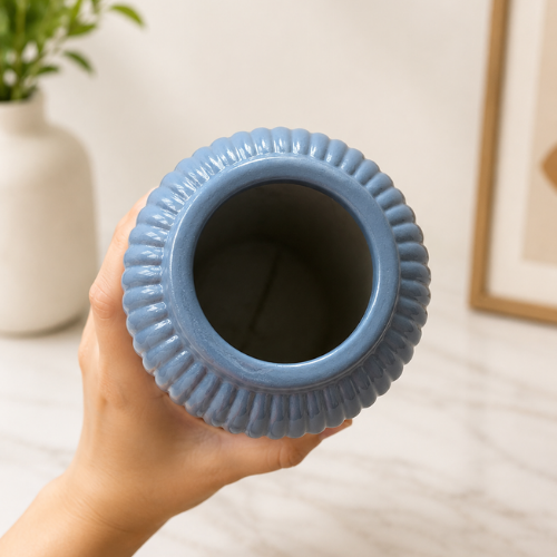 Bleu Cotele – Tall Blue Ribbed Ceramic Vase