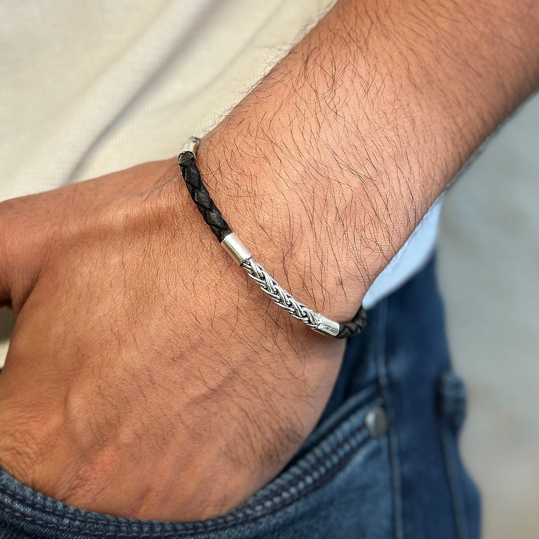 Twisted Rope Sterling Silver and Black leather Bracelet
