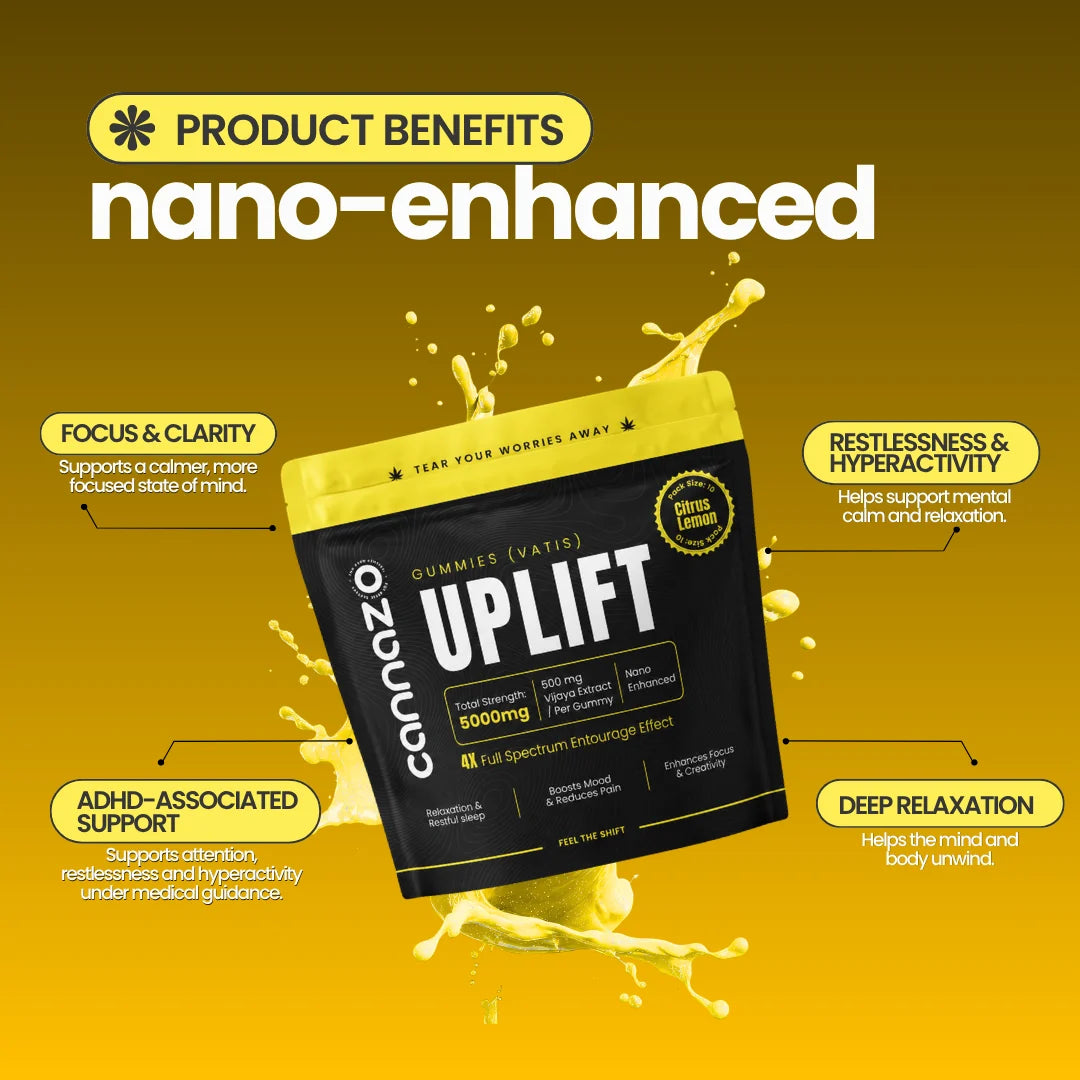 CannazoIndia Uplift Gummies -CBD DOMINANT | 500mg Citrus/Sour Lemon Vatis | 200mg Active Cannabinoids | Strong Support for Focus, Relaxation & Better Mood