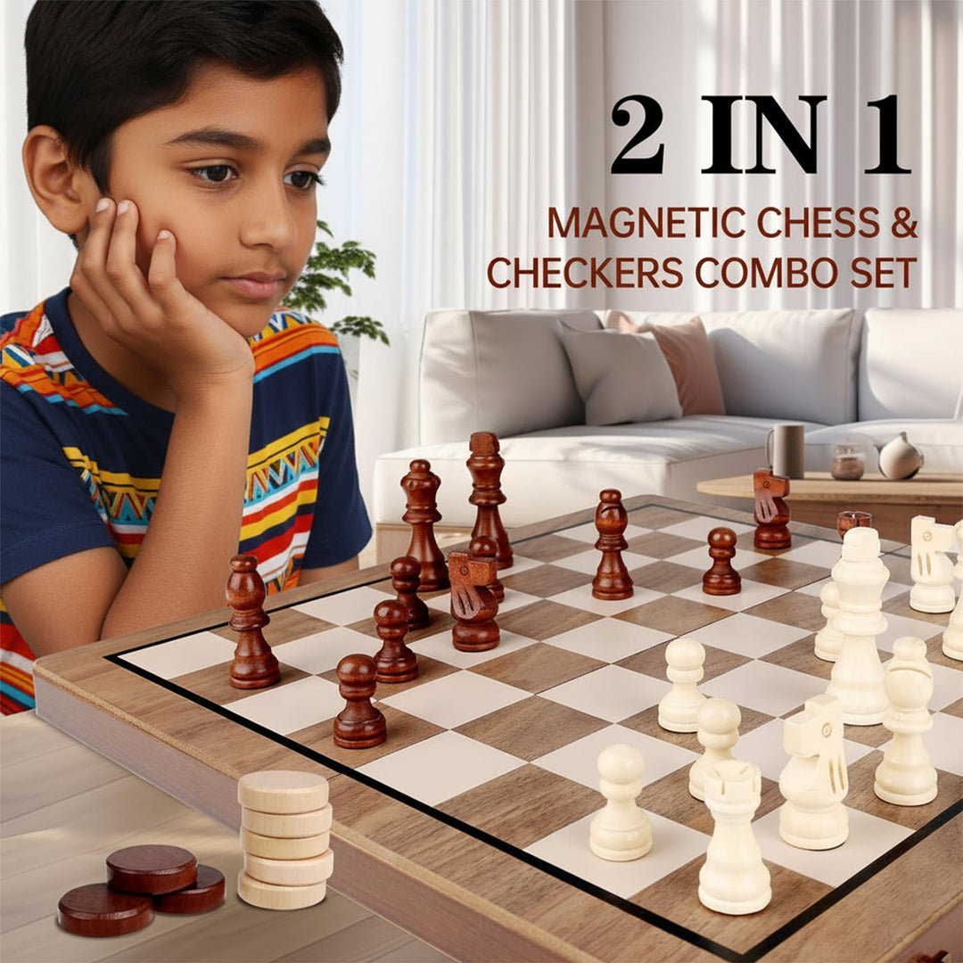 Wudly 2-in-1 Big Chess & Checkers Set – Premium Wooden Board Game for Adults & Kids, Classic Chess + Checkers Combo