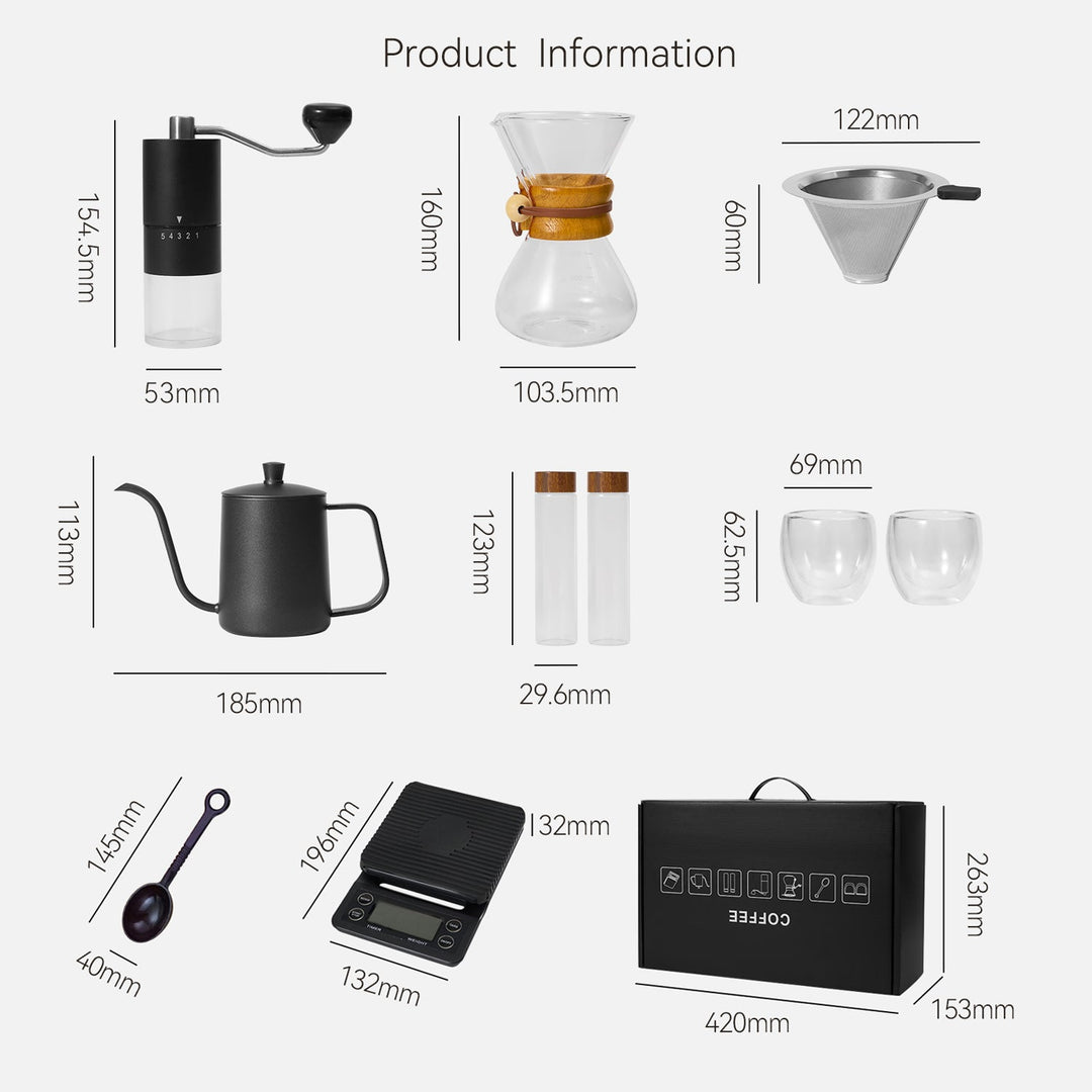 The Bean Co Roasters Roasters 9-Piece Pour-Over Coffee Set | Gooseneck Kettlel | Manual Grinder | Chemex-Style Carafe | Stainless steel filter Dripper, Glass Cups, Bean Holders & Premium Digital Scale