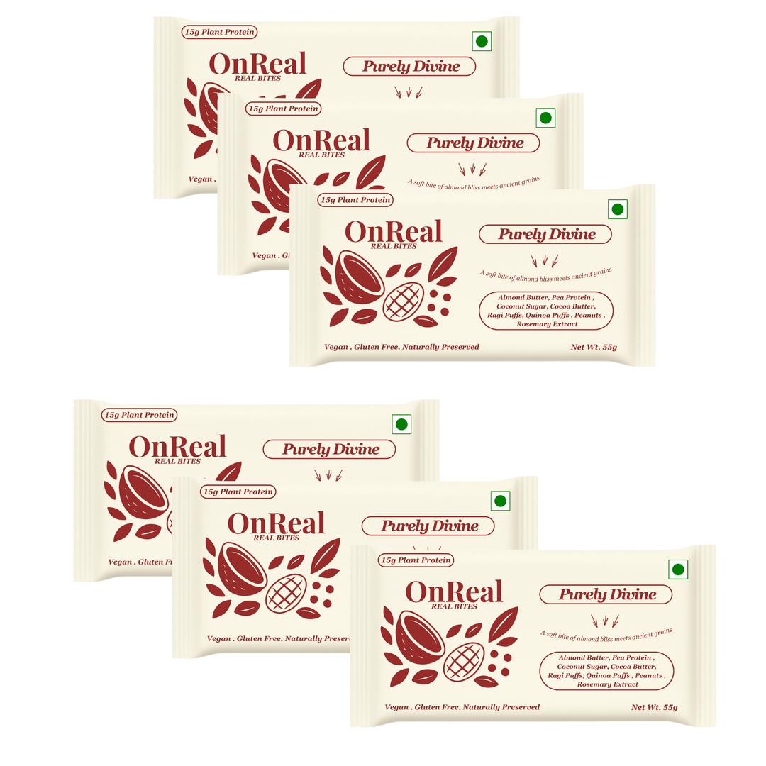OnReal Purely Divine Plant-Based Protein Bars | 15g Protein | No Refined Sugar | High Fiber | Almond Butter | Made with Ragi & Quinoa Puffs | Vegan, Gluten-Free | Clean Label Snack