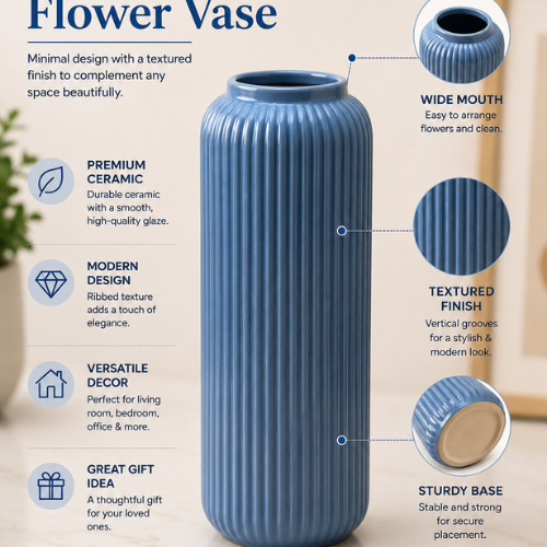 Bleu Cotele – Tall Blue Ribbed Ceramic Vase