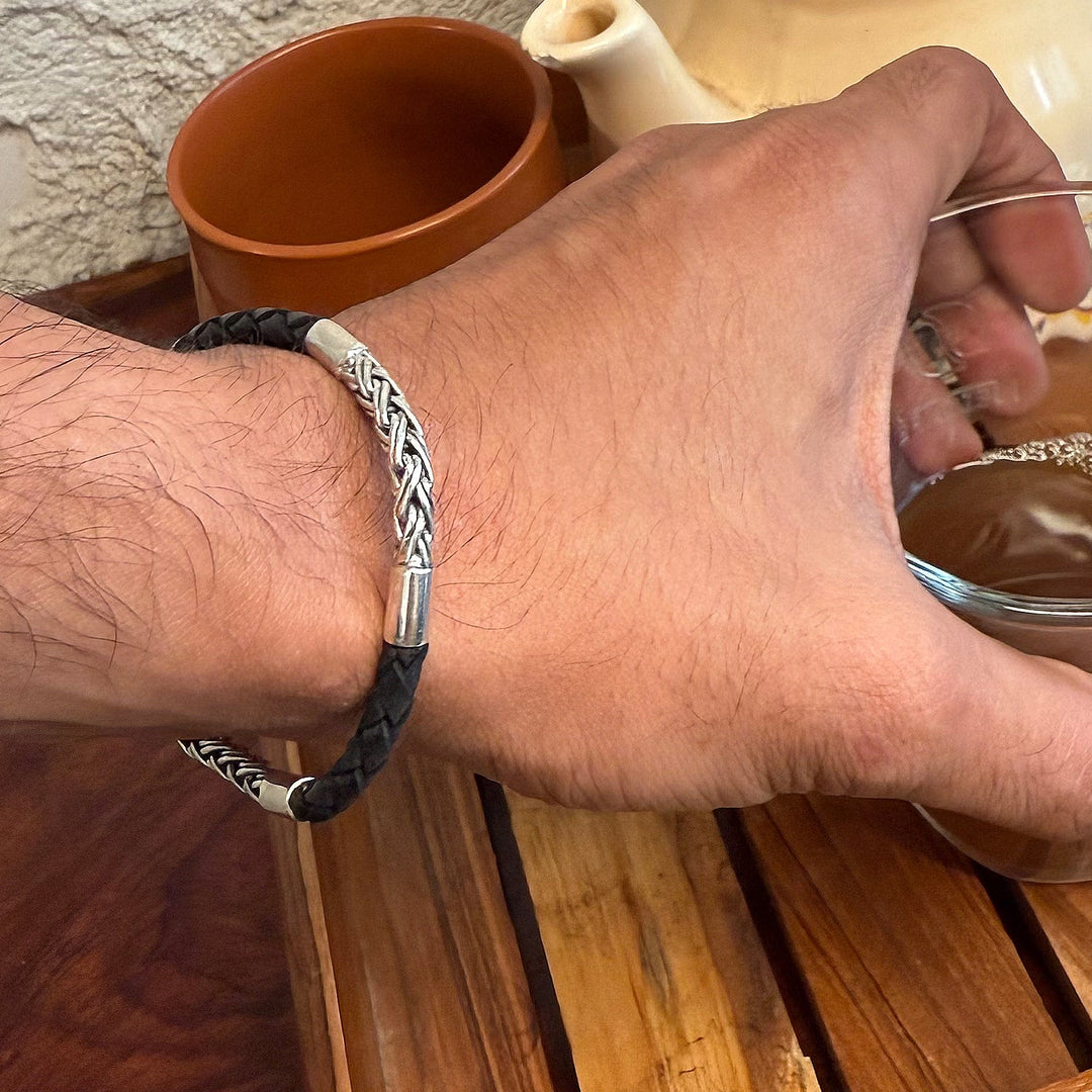 Twisted Rope Sterling Silver and Black leather Bracelet