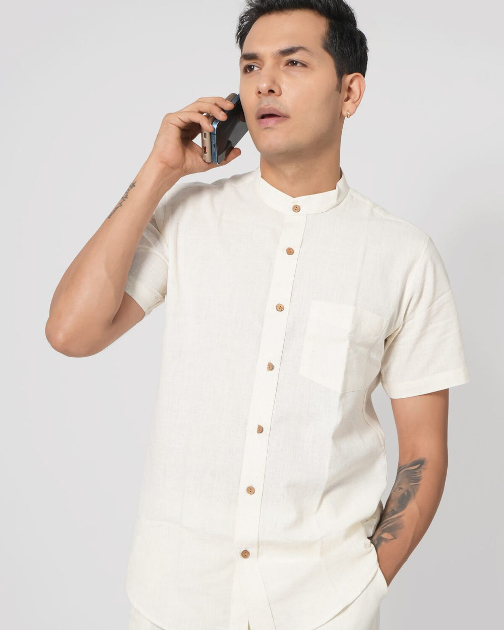 White Stand Collar Pocket Shirt