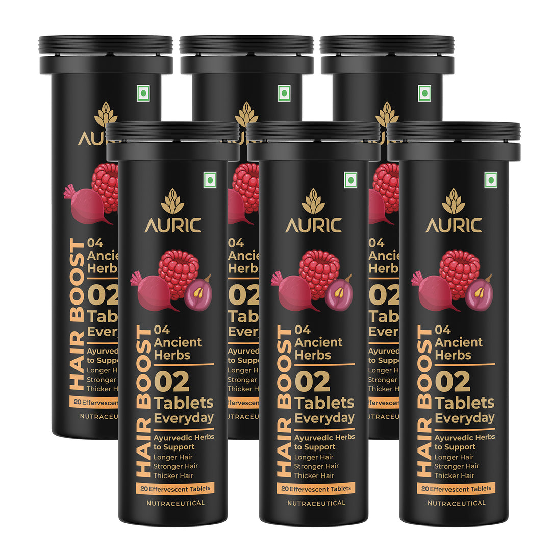 Auric Hair Boost Effervescent Tablets 20 Count | Ayurvedic Formula for Hair Fall Control | Biotin, Zinc, Beetroot & Grapeseed Extracts & Herbal Extracts | Hair Growth & Strength Support