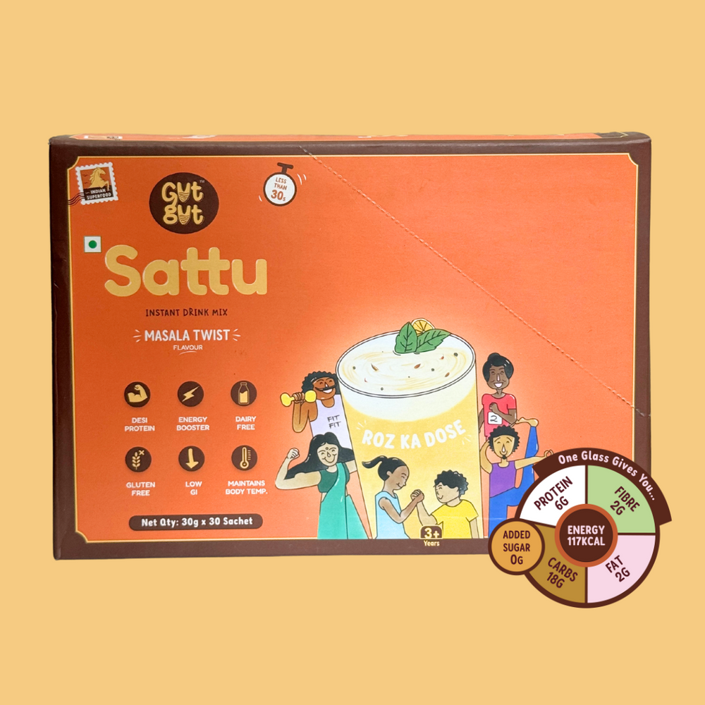 GutGut Sattu Masala Twist - Instant Drink Mix - Box of 30 Sachets - 30 x 30 Grams = 900 gm